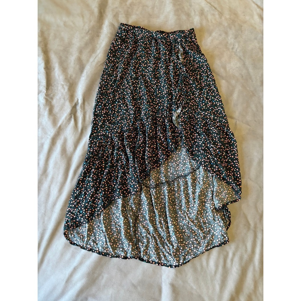 No Boundaries Floral High Low Midi Skirt Black Pink Ruffle Hem Size Medium 7-9